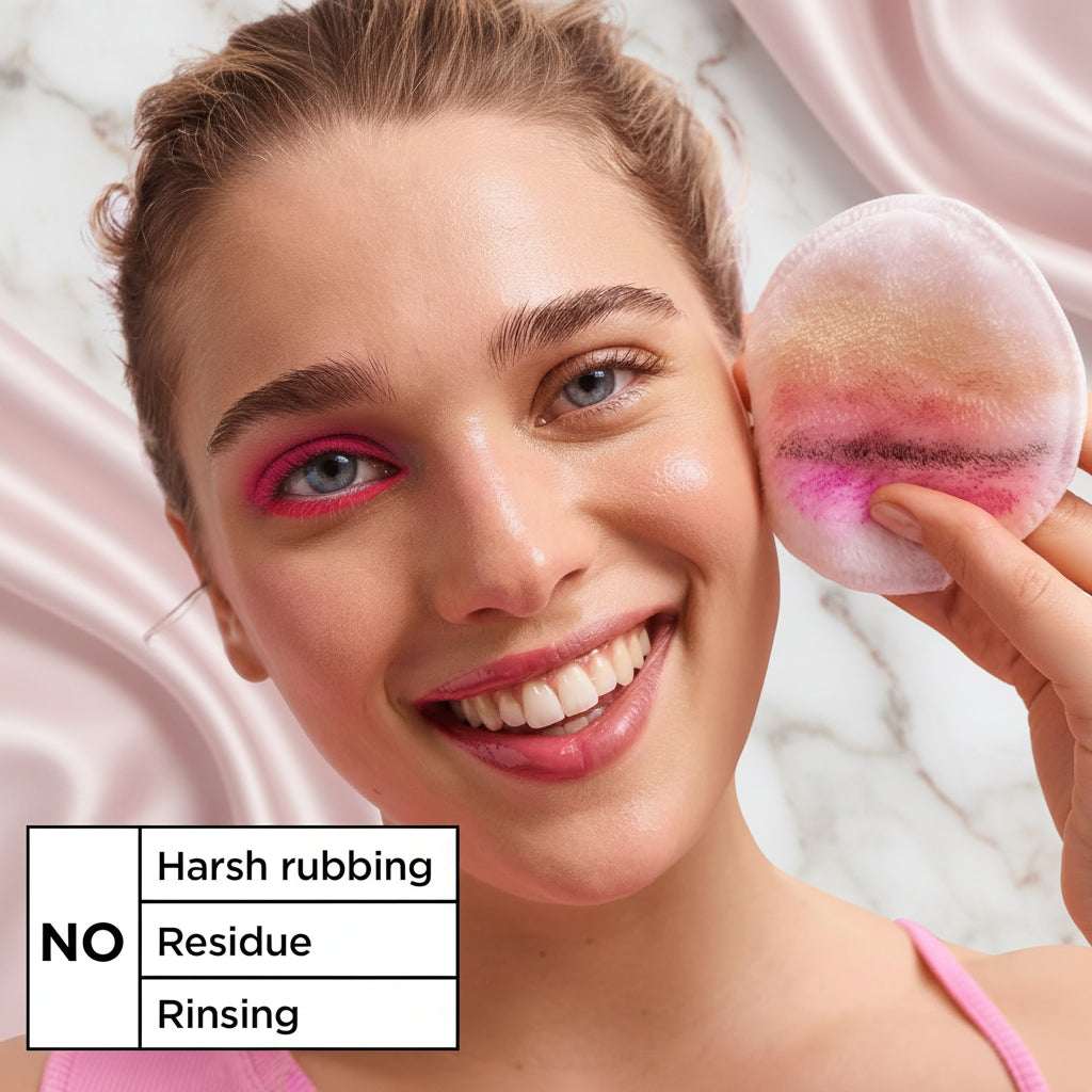 Woman using a makeup sponge applicator on her face with a pink background