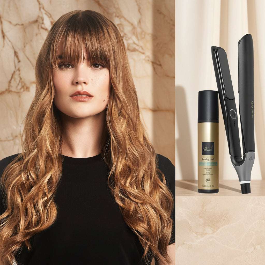 A woman with long, wavy light brown hair is shown on the left, while the right side displays a black hair styling tool and a gold-and-black bottle labeled dhi, with Italian promotional text.