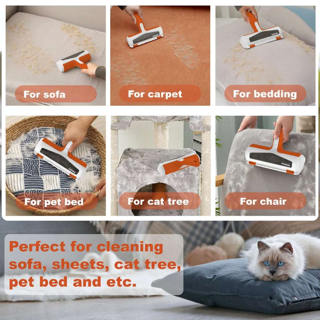 Cleaning tool being used on various surfaces with text indicating its uses.