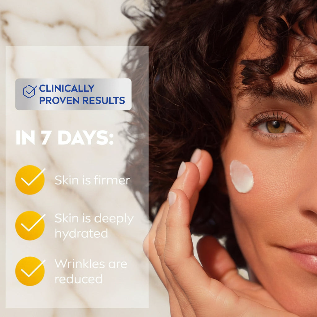 Woman applying skincare product with text on clinical results against a blue sky.