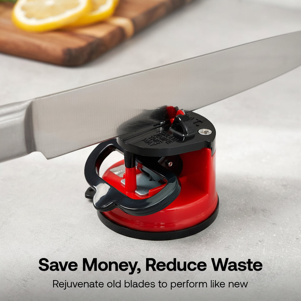 Red and black knife sharpener on a kitchen counter with text 'Save Money, Reduce Waste'.
