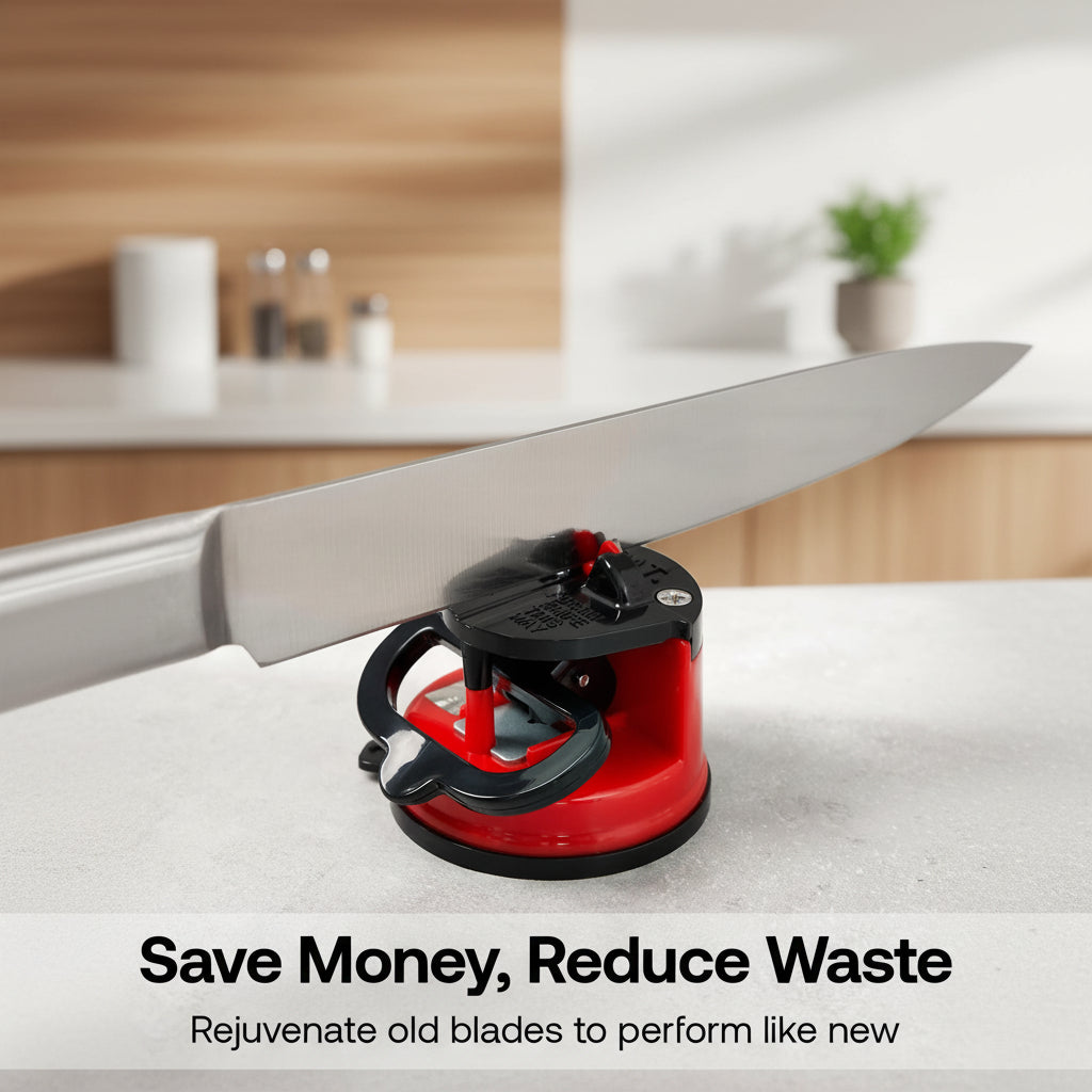 Red and black knife sharpener on a kitchen counter with text 'Save Money, Reduce Waste'.