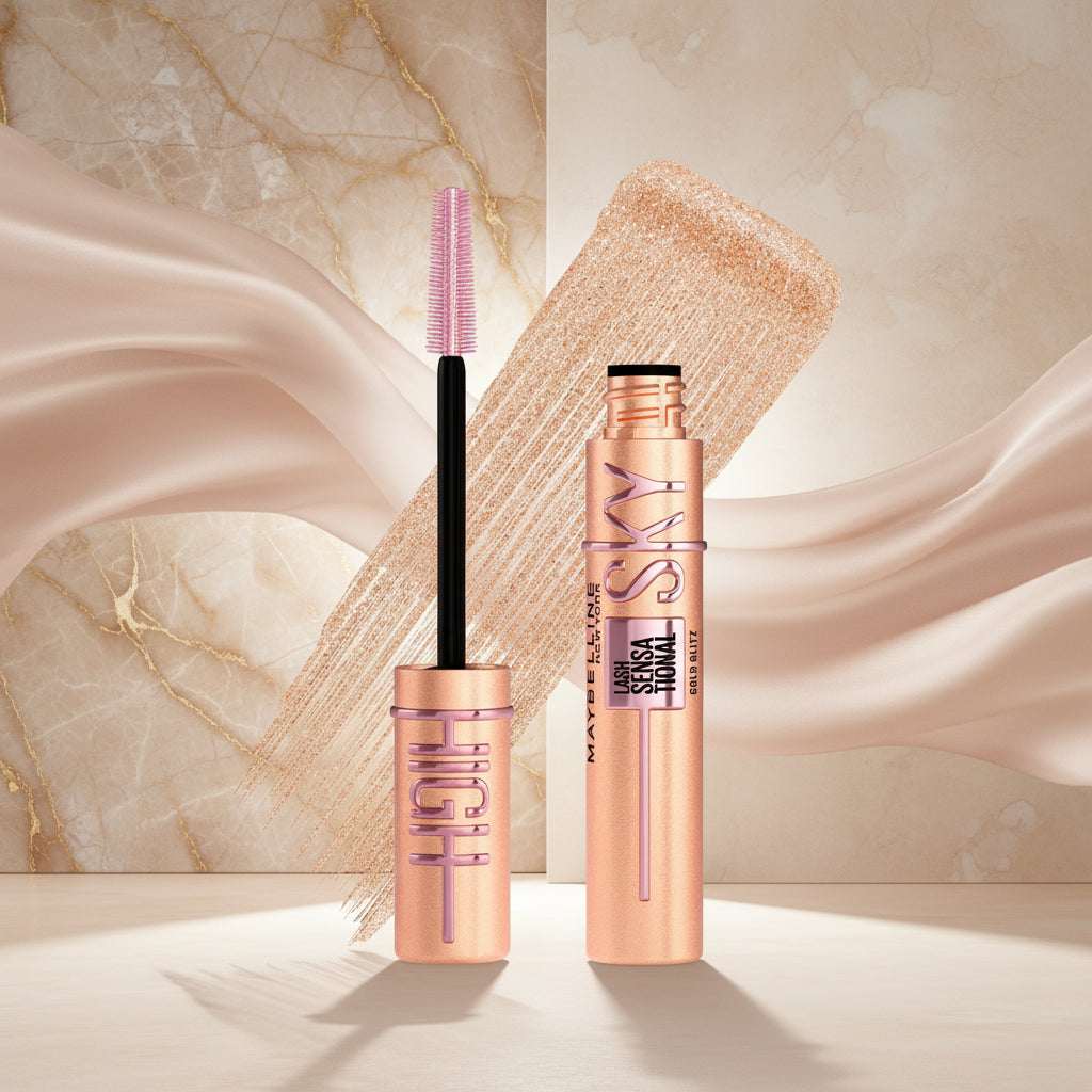 Maybelline Lash Sensational mascara with brush on a white background