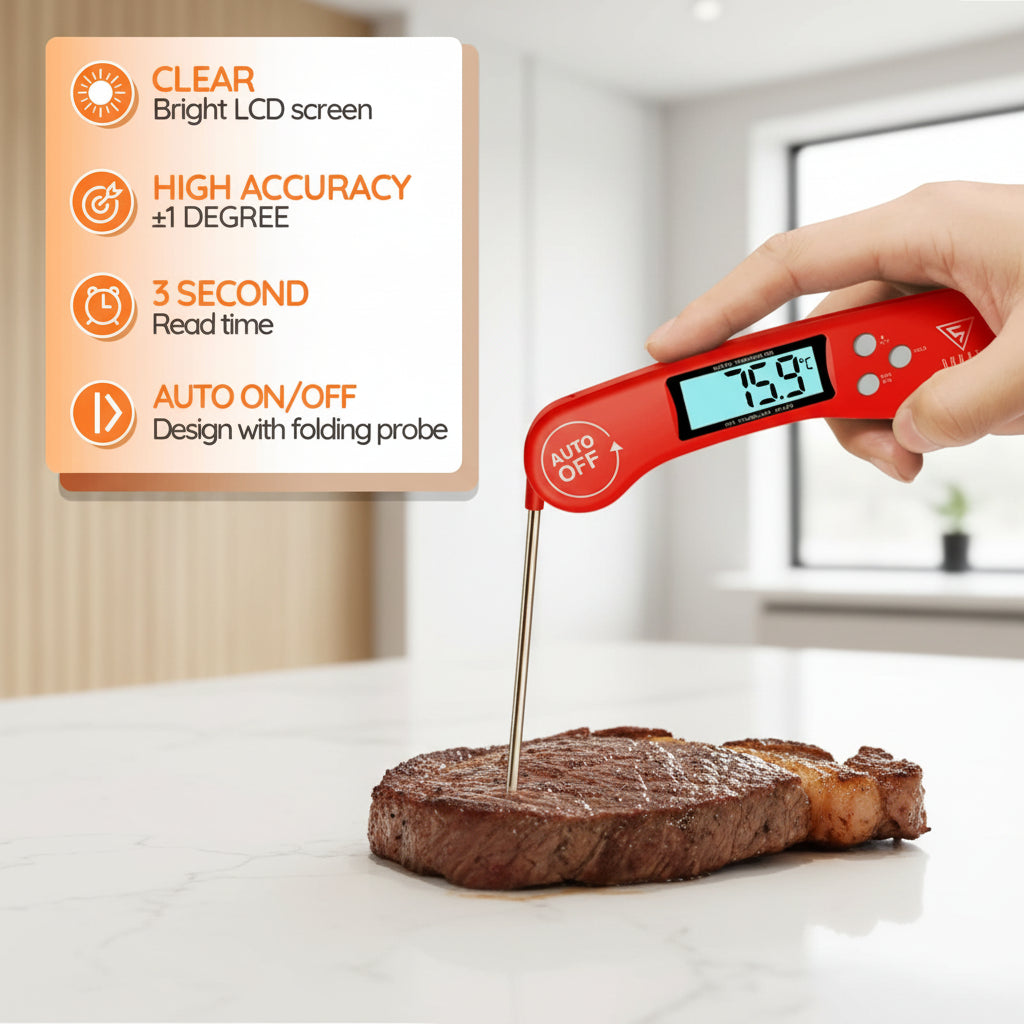 Red digital thermometer inserted into a piece of meat with cooking details and product features displayed.