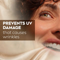 Close-up of a person's face with text about preventing UV damage