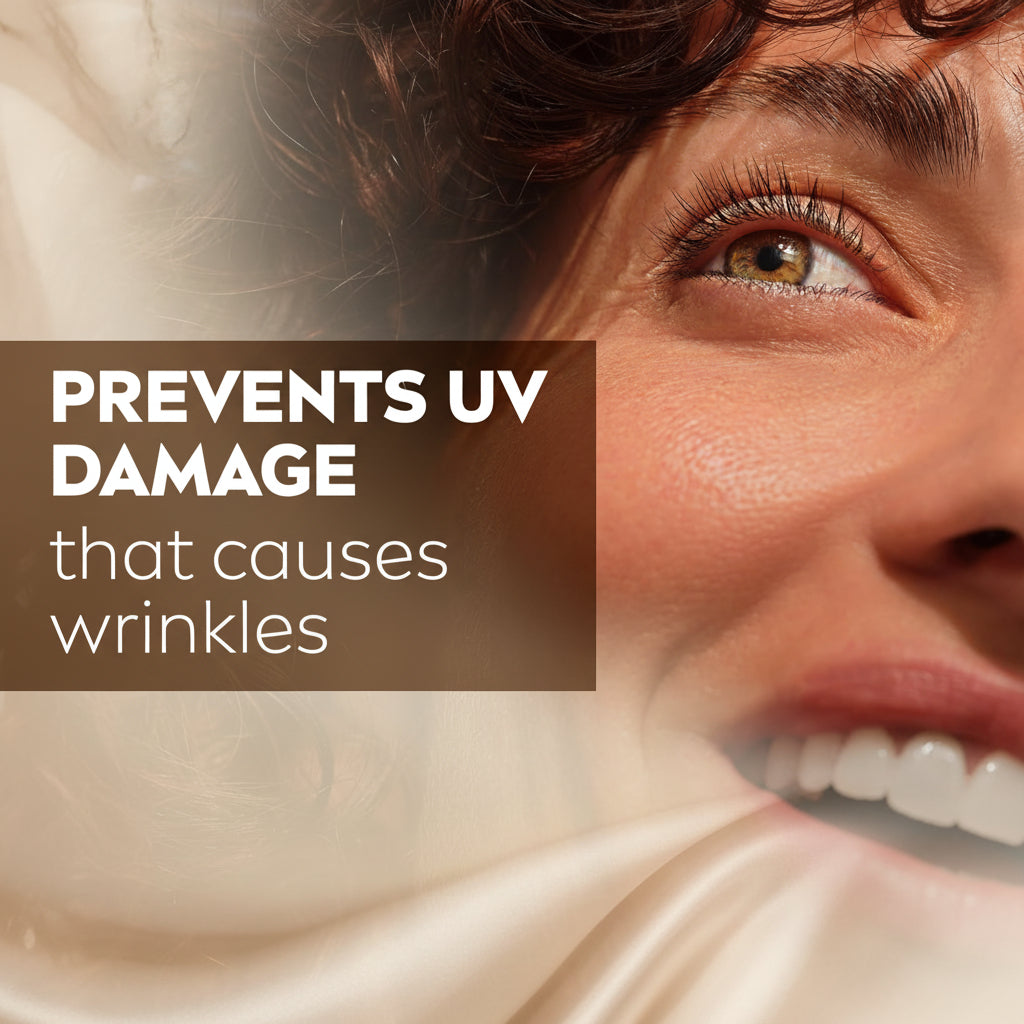 Close-up of a person's face with text about preventing UV damage