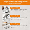 Instructions for using a knife sharpener with images and text on a gray background