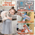 Cleaning tool with instructions and a child holding a cat in a living room setting.