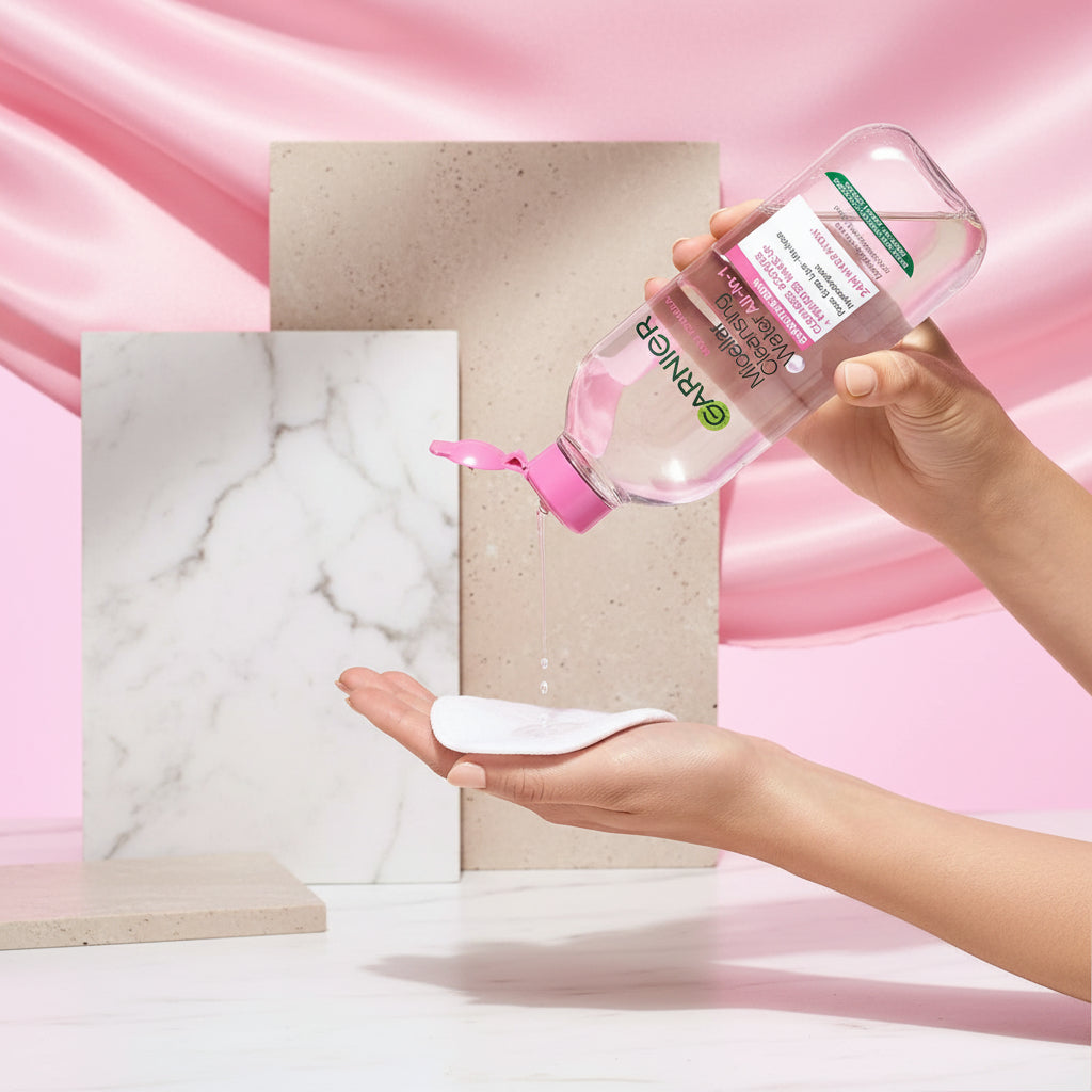 Garnier Micellar Water in a clear bottle with pink liquid, being poured onto a reusable white pad held in two hands against a light pink background, with a text panel explaining the three-step cleansing process.