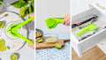 Collage of a green kitchen tool being used for various tasks on a white background