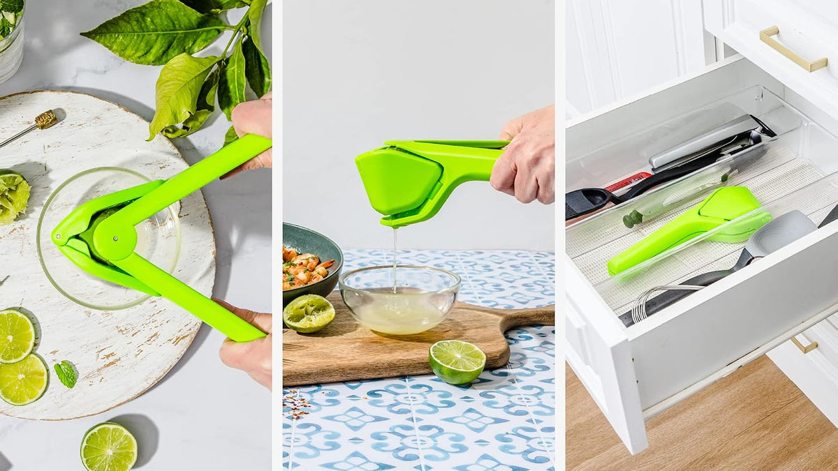 Collage of a green kitchen tool being used for various tasks on a white background