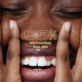 Close-up of a person's face with hands on either side, featuring text about skin soothing.
