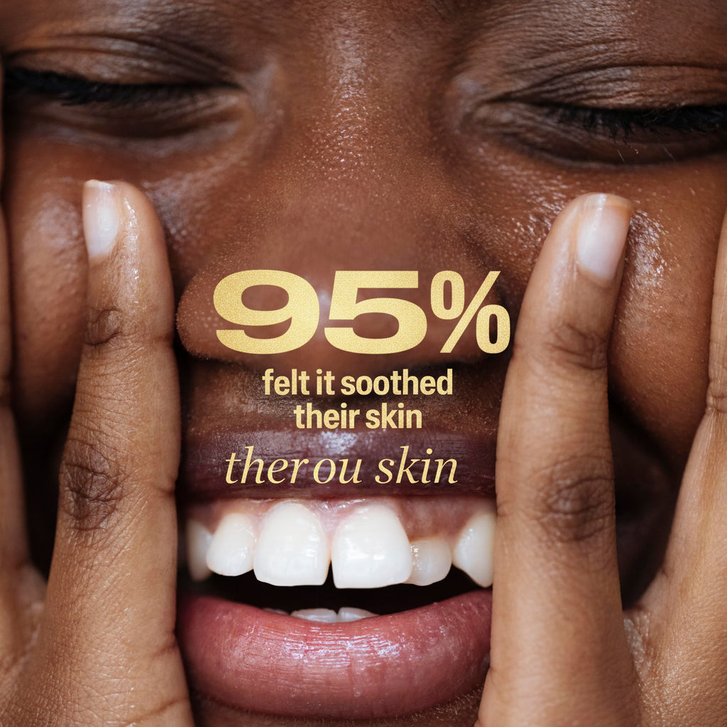 Close-up of a person's face with hands covering it, featuring text about skin soothing.