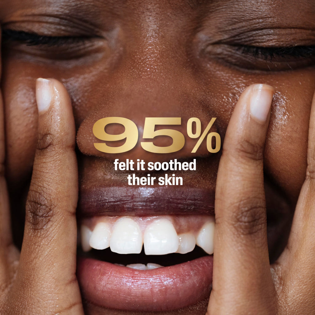 Close-up of a person's face with hands covering it, featuring text about skin soothing.