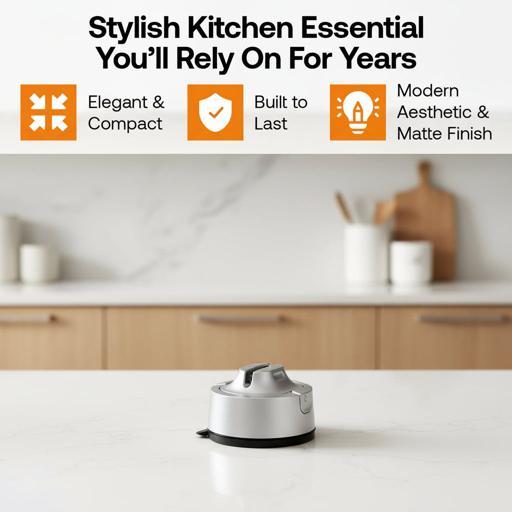 A kitchen drawer organizer tray made of light natural wood with multiple compartments, shown open with gold-toned utensils and a small round metallic organizer inside. Text at the top reads 'Stylish Kitchen Essential You'll Rely On For Years' with feature callouts: Elegant & Compact, Built to Last, and Modern Aesthetic & Matte Finish.