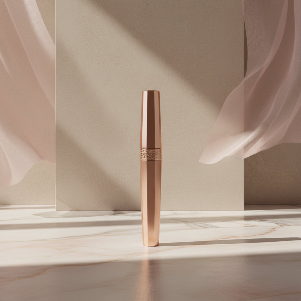 Mascara with 'The UK's No.1 Mascara' label against a cityscape and space background