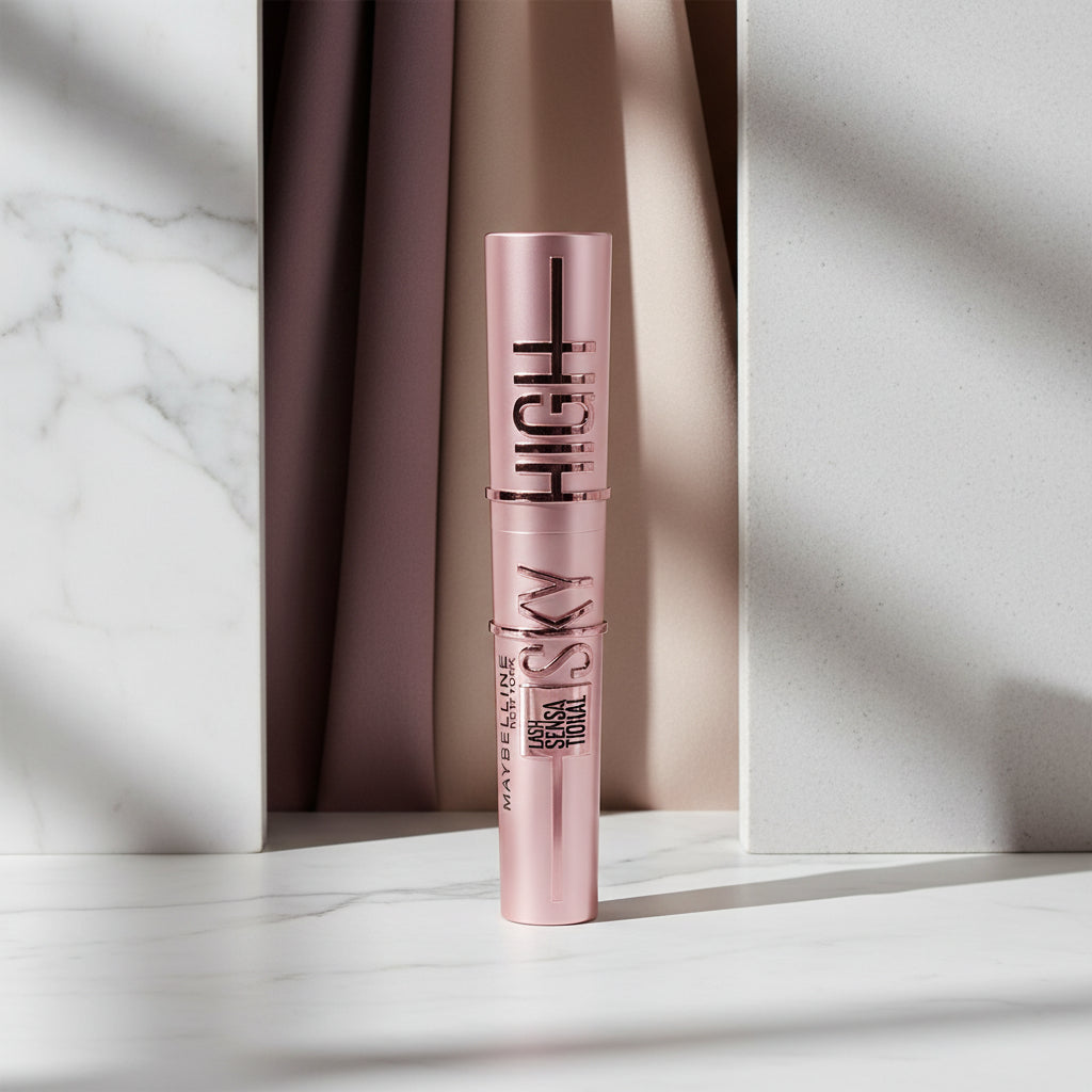 Mascara with 'The UK's No.1 Mascara' label against a cityscape and space background
