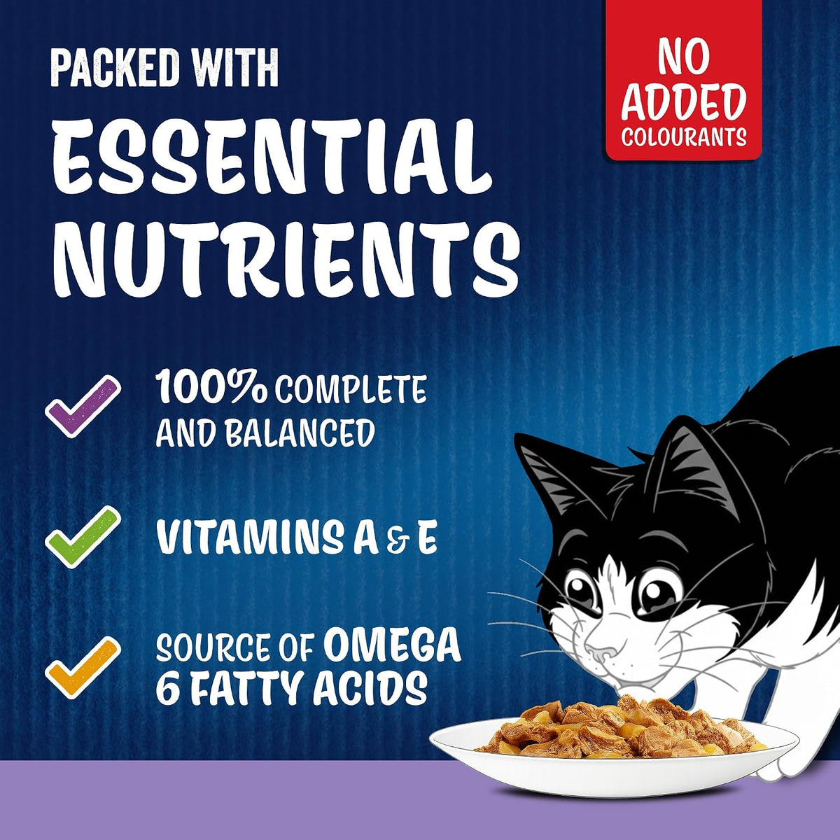 Cat food packaging with a cartoon cat and text highlighting nutritional benefits on a blue background.