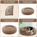 Four-panel instruction graphic showing how to inflate a pet bed: unpacking the vacuum bag, pulling the edge of the deflated bed to show air, letting it stand to inflate, and a black-and-white dog sitting in the fluffy inflated bed.