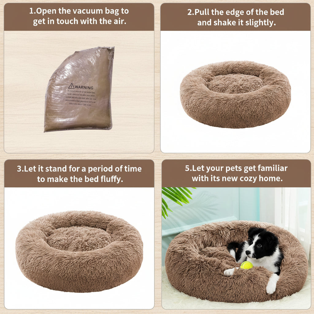 Four-panel instruction graphic showing how to inflate a pet bed: unpacking the vacuum bag, pulling the edge of the deflated bed to show air, letting it stand to inflate, and a black-and-white dog sitting in the fluffy inflated bed.