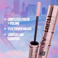 Mascara with brush and product name against a cityscape background