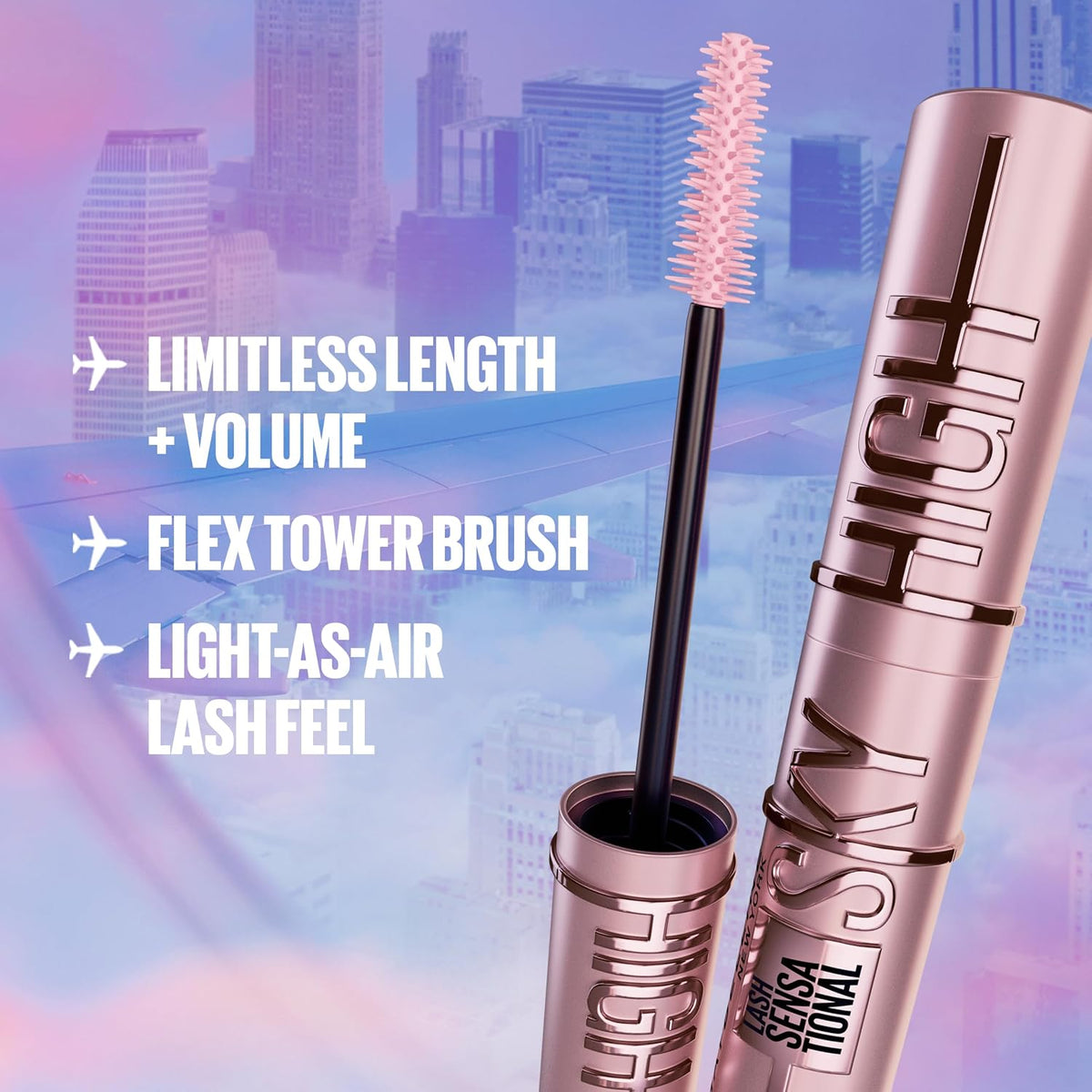 Mascara with brush and product name against a cityscape background