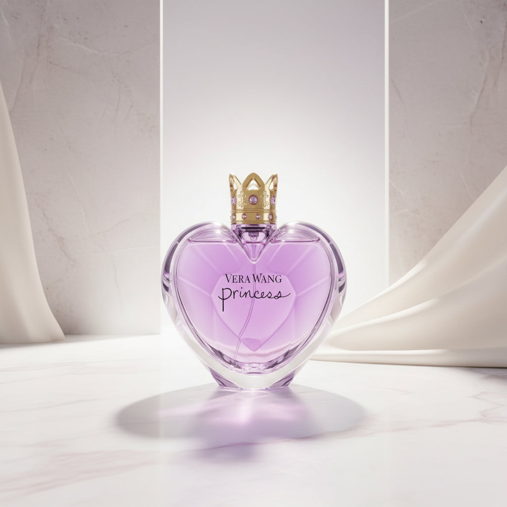 Vera Wang Princess perfume bottle surrounded by flowers and fruits