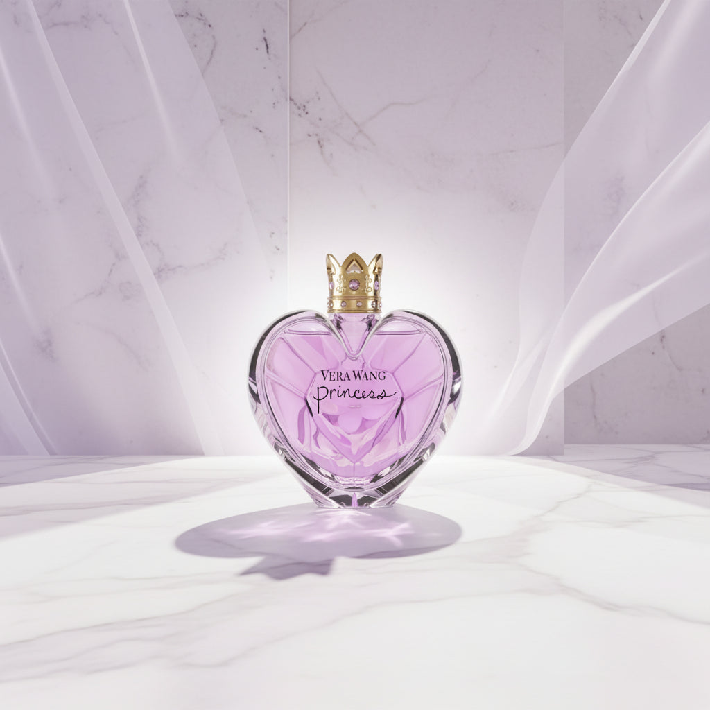 Vera Wang Princess perfume bottle surrounded by flowers with notes listed