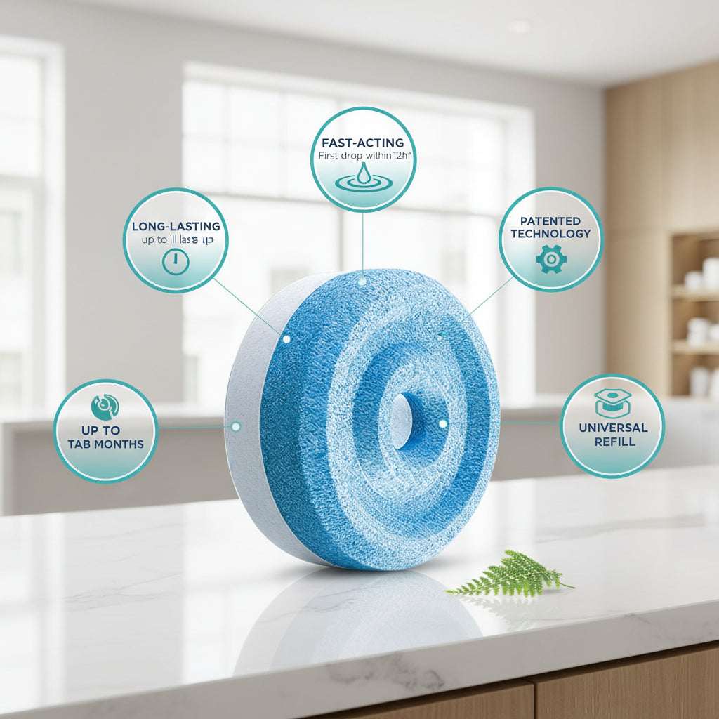 A promotional product graphic for a UniBond Aero 360° Moisture Absorber Waterfall Freshness Refill Tab. The design features a large blue circular cross-section of the refill tab with water droplets, a small green fern leaf, and several callout circles with text describing features like long-lasting performance, fast-acting speed, patented technology, and universal refill compatibility.