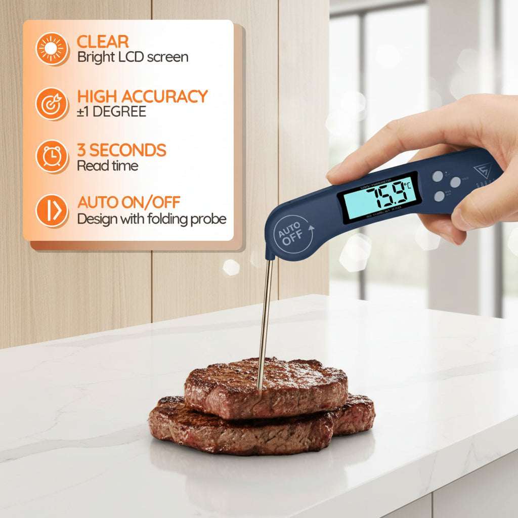Digital thermometer inserted into a cooked burger with product features listed on the left.
