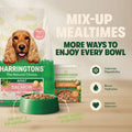 Harringtons dog food packaging with promotional text on a green background