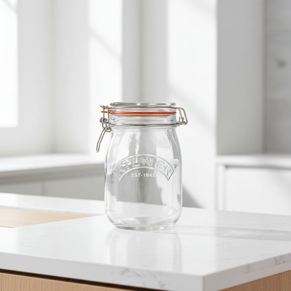Kilner clip top jar with features listed on a teal background