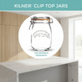 Kilner clip top jar with features listed on a teal background
