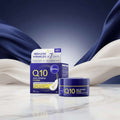 NIVEA Q10 Anti-Wrinkle Power Regenerating Night Cream 50ml jar with its retail box packaging, featuring a deep blue and purple color scheme with yellow accents.