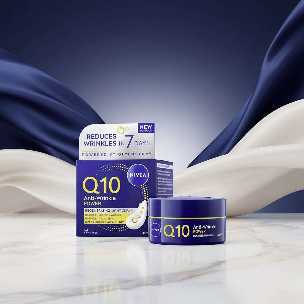 NIVEA Q10 Anti-Wrinkle Power Regenerating Night Cream 50ml jar with its retail box packaging, featuring a deep blue and purple color scheme with yellow accents.