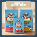 Three bags of Bakers dog food with a promotional banner above them.