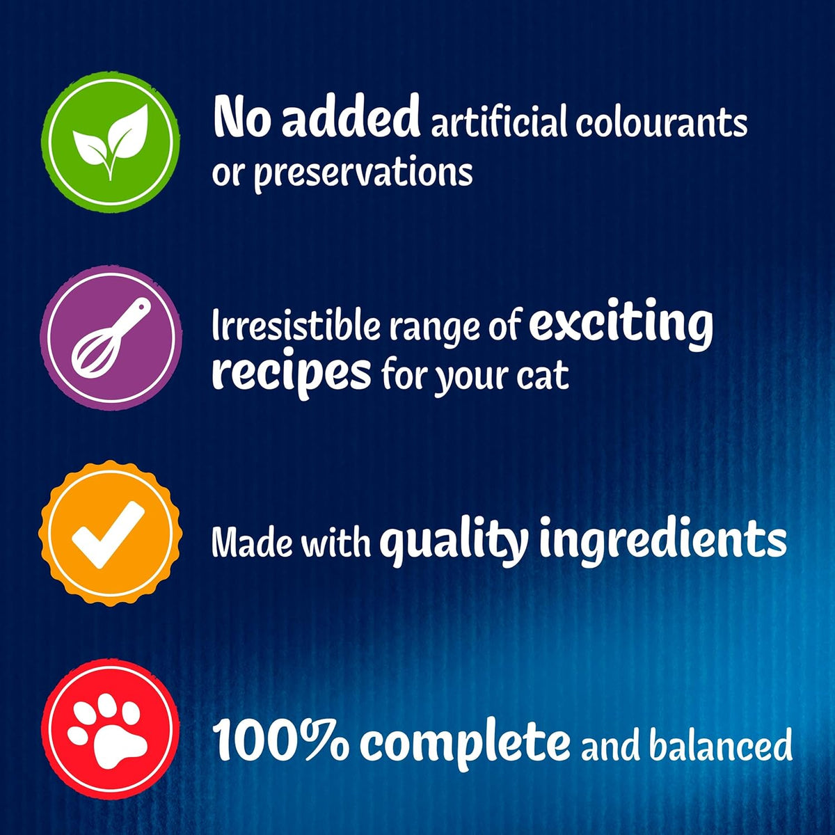 A promotional graphic with four benefit callouts for a cat product on a dark blue textured background. Green, purple, orange, and red circular icons are paired with white text reading: no added artificial colours or preservations; irresistible range of exciting recipes for your cat; made with quality ingredients; 100% complete and balanced.