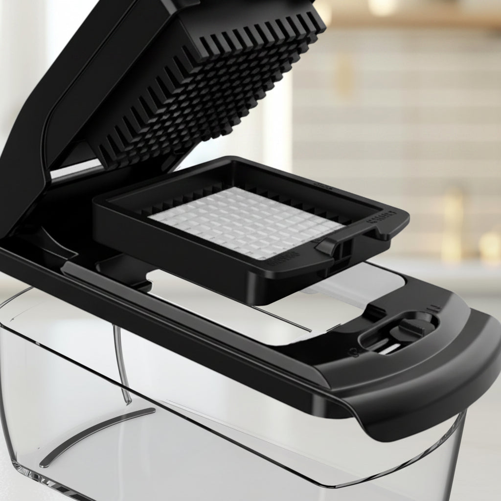 Black kitchen appliance with text about premium grade construction and food safety.