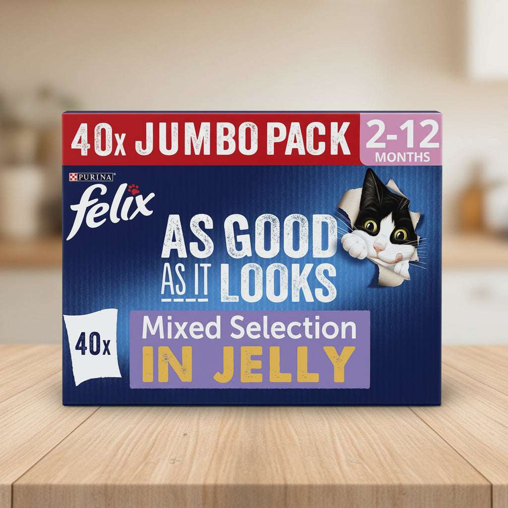 Purina Felix cat food packaging for a 40x Jumbo Pack of Mixed Selection in Jelly, featuring a blue background with a black and white cat peeking out from the right side.