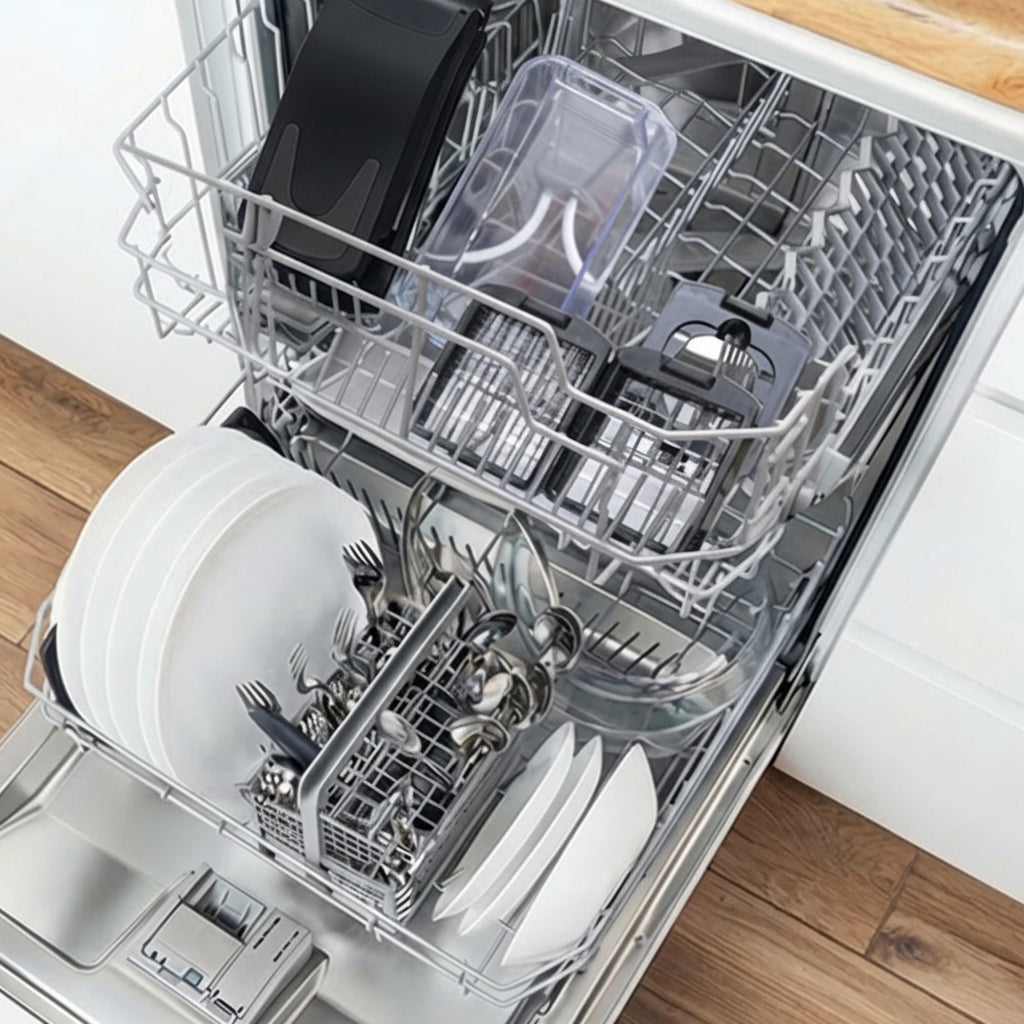 Dishwasher with loaded dishes and 'Dishwasher Safe' label.