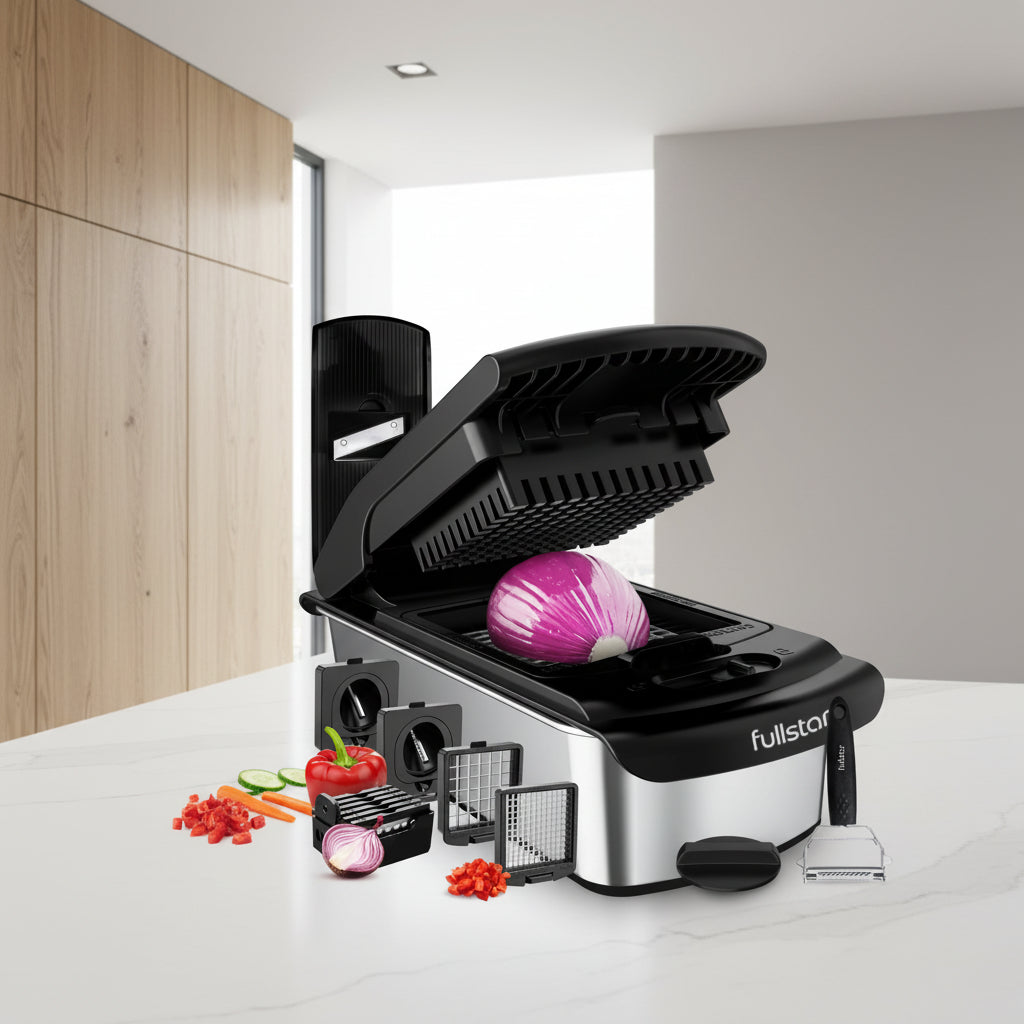 Multifunctional kitchen slicer with onion on top, surrounded by various attachments and vegetables.