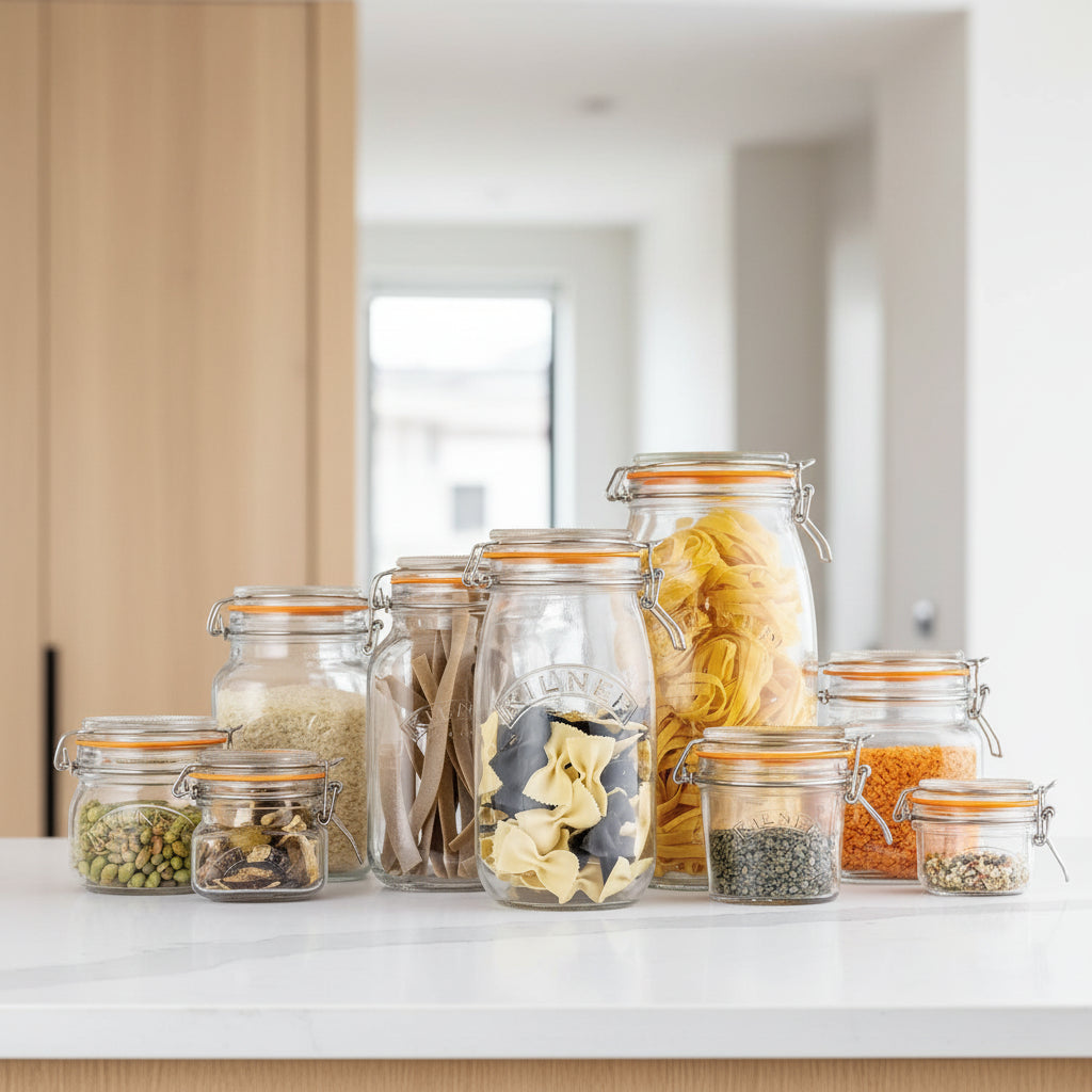 Kilner clip top jars with various contents on a light background, featuring product benefits.