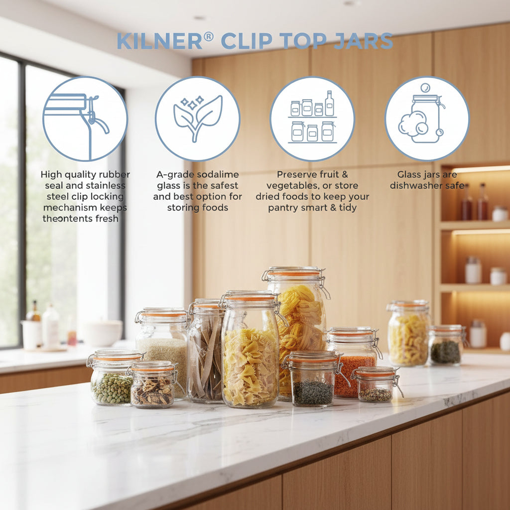 Kilner clip top jars with various contents on a light background, featuring product benefits.