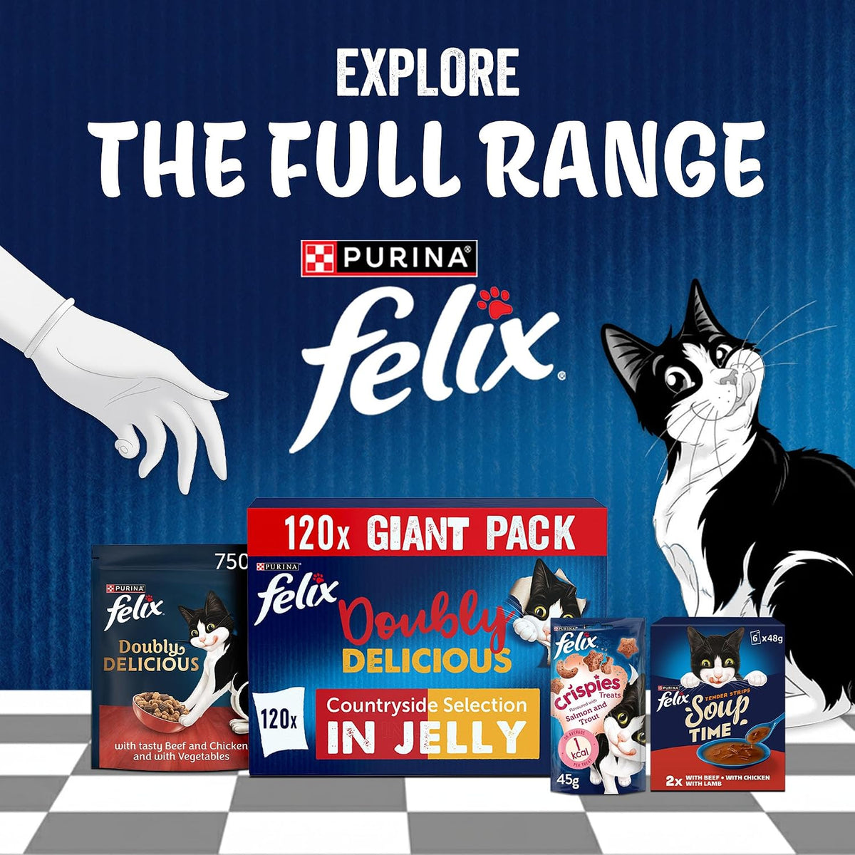 Promotional image of Purina Felix cat food packages with a hand reaching towards them on a blue background.