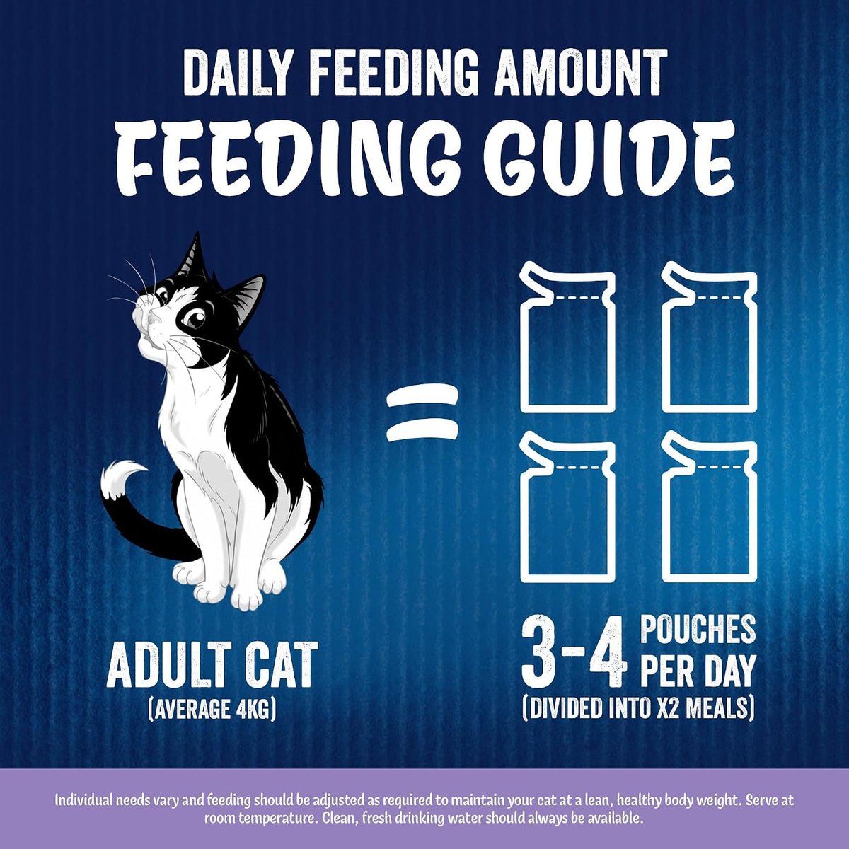 A blue informational graphic titled 'DAILY FEEDING AMOUNT FEEDING GUIDE' showing a black-and-white cat next to icons for four pouches of pet food, with text stating 'ADULT CAT (AVERAGE 4KG)' and '3-4 POUCHES PER DAY (DIVIDED INTO X2 MEALS)'.