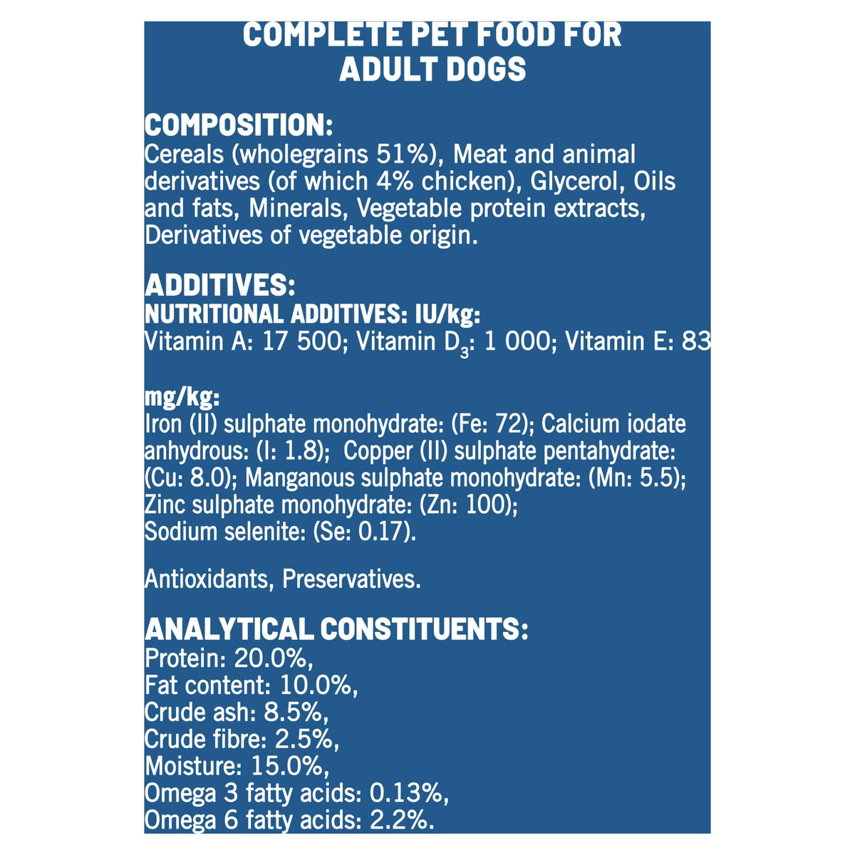 Nutritional label for complete pet food for adult dogs on a blue background