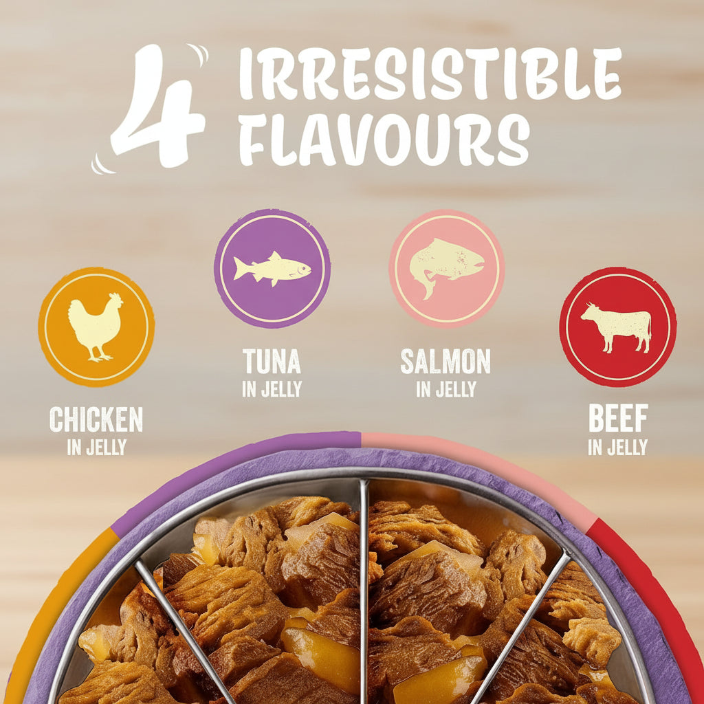 Dog food packaging with 4 irresistible flavors on a blue background