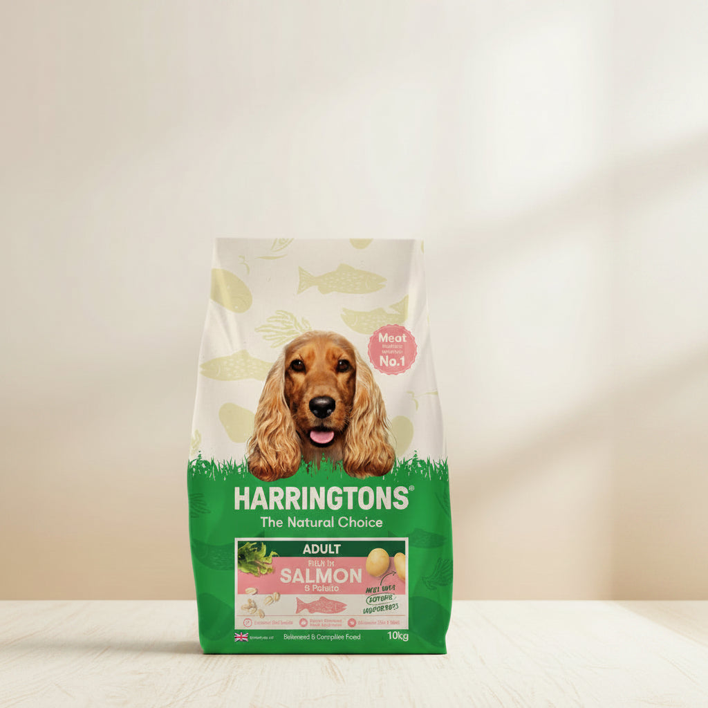 Harringtons dog food package with a dog's face on the front, featuring salmon and potato ingredients.
