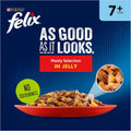 Purina Felix cat food packaging for 'As Good As It Looks' Meaty Selection in Jelly, featuring a red bowl of wet food on a dark blue background with a green 'No Colourants' badge and a 7+ years age indicator.