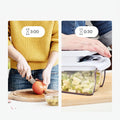 Comparison of time taken to chop vegetables with and without a food chopper, showing 75% faster results.